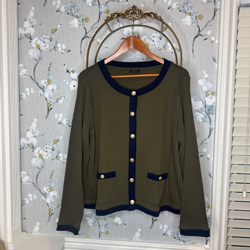 Talbots Womens XL Olive Green Navy Blue Contrast Trim Cotton Cardigan ID5359